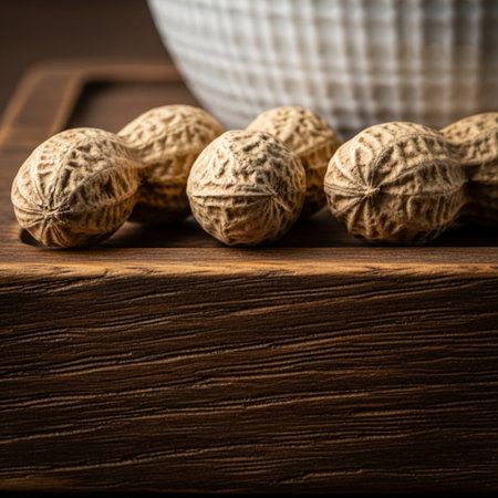 A razor-sharp macro photograph focusing on the rough, dusty texture of three unshelled peanuts lyingの素材