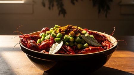 A cinematic environmental wide shot (16:9) capturing a ceramic bowl of raw gumbo ingredients (crawfiの素材