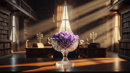 Cinematic wide environmental photograph capturing an antique cut-crystal glass bowl filled with purpの素材
