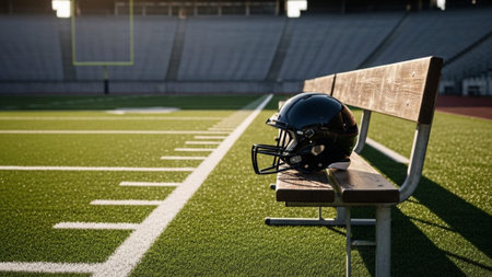 A powerful, cinematic wide-angle photograph capturing a football helmet resting alone on a sidelineの素材