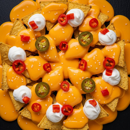 Hero detail shot of fully loaded nachos. An extreme close-up (macro) centered on a tight cluster ofの素材