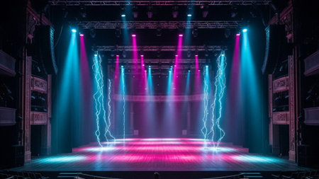 An ultrawide 16:9 cinematic shot of a large, empty theater auditorium focused on the bare stage setuの素材