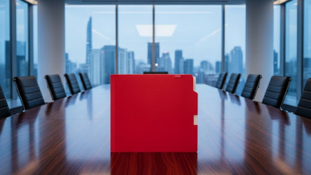An ultrawide 16:9 cinematic shot of a modern, empty executive conference room overlooking a city skyの素材