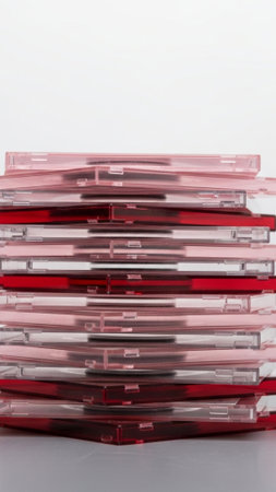 A vertical, tall composition (9:16) featuring a centered stack of CDs in pink and red jewel cases. Tの素材