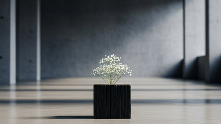 A cinematic, ultrawide environmental photograph showcasing a small bunch of gypsophila resting on aの素材