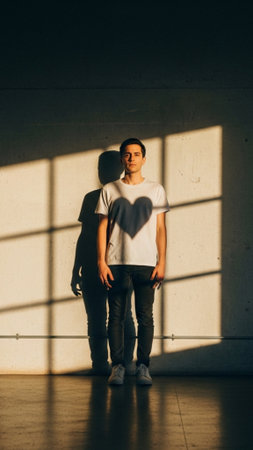 A vertical, full body, editorial shot taken with a 35mm lens. A single, generic person stands centerの素材