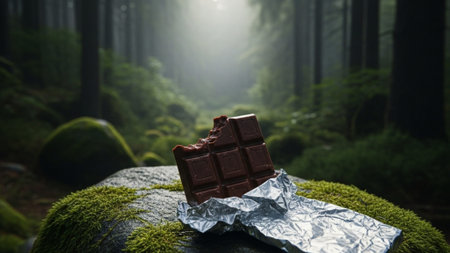 Panoramic cinematic wide shot (16:9) featuring a half-eaten dark chocolate bar wrapped in crinkled sの素材