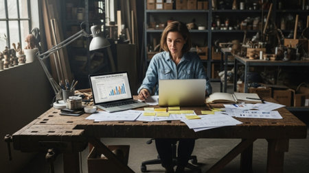 Panoramic 16:9 wide shot capturing a female small business owner calculating her February sales projの素材
