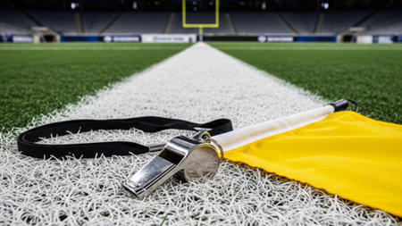An ultrawide 16:9 cinematic environmental shot capturing a silver referee whistle and a yellow penalの素材