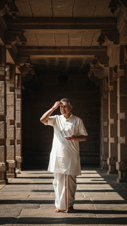 A vertical, full-body editorial photo of a middle-aged South Asian man performing a morning ritual,の素材