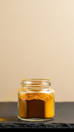 A vertical, tall 9:16 shot focusing on a centered small glass jar of vibrant yellow turmeric powderの素材
