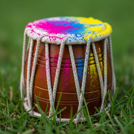 A tight, square composition focused intensely on the surface detail of a single miniature Dhol drum.の素材