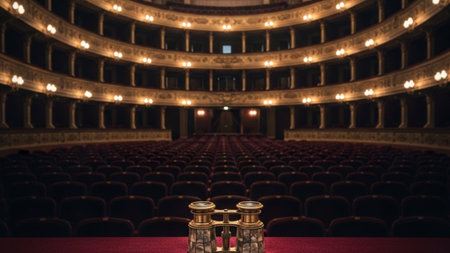 Cinematic wide shot (16:9) of a silent, historical opera house loge. Antique decorative opera glasseの素材