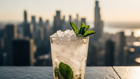 A cinematic wide environmental shot (16:9) featuring an empty highball glass filled with finely crusの素材