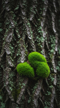 A vertically framed, high-contrast image focusing on a central patch of intensely green moss growingの素材