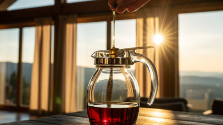 A cinematic ultrawide shot (16:9) capturing a clear glass syrup pitcher actively dripping thick goldの素材