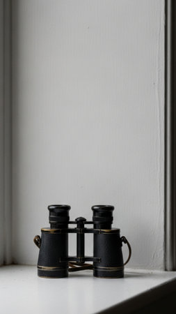 A tall, vertical shot (9:16) featuring a compact pair of binoculars centered on an interior windowsiの素材