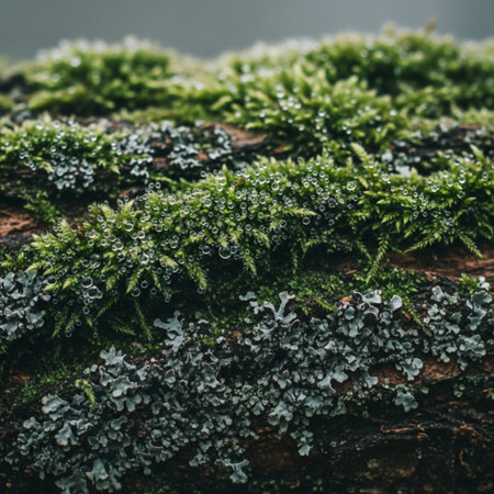 A deeply textural, abstract close-up image of saturated emerald green moss and grey-blue lichen clinの素材