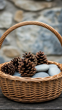 Vertical 9:16, tall composition of a hand-woven wicker basket centered on a dark wooden floor, filleの素材