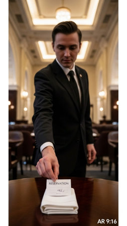 A striking vertical full-body photograph of a professional hospitality worker placing a reservationの素材