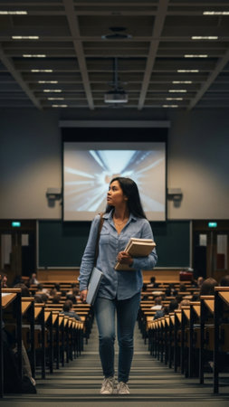 A vertical, full body composition capturing a female film studies student walking through the aisleの素材