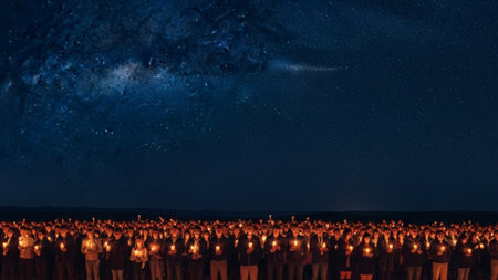 A cinematic ultrawide 16:9 photograph capturing hundreds of people standing silently on a hillside uの素材