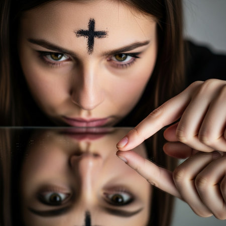 A Hero Detail shot in a 1:1 square format. Extreme close-up of a young woman's forehead bearing a teの素材
