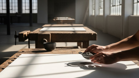 An environmental wide shot (16:9) capturing the solemn process of creation or erasure within a huge,の素材