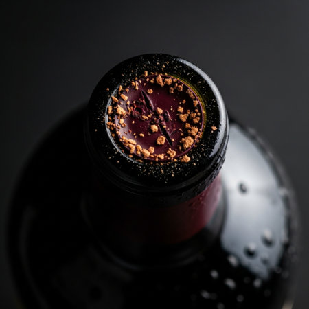 A deeply intimate and focused square shot (1:1) centering on the neck of a dark red wine bottle. Theの素材