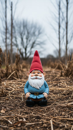 A high-definition, vertical stock photo showcasing a traditional garden gnome as a neutral prop sittの素材