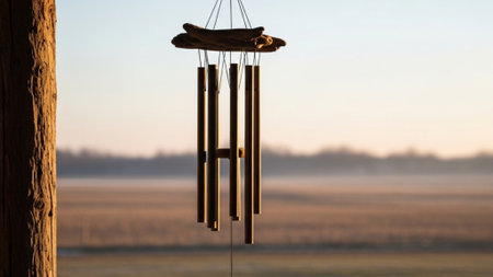 An ultrawide, cinematic environmental photograph (16:9) showing an ornate, antique wind chime made oの素材