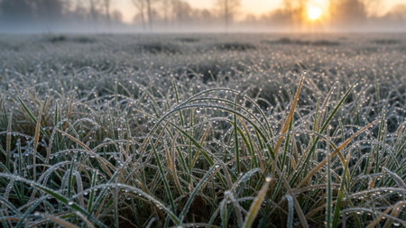 A high-definition, panoramic photograph (16:9) depicting a sweeping vista of a frosty, dormant winteの素材