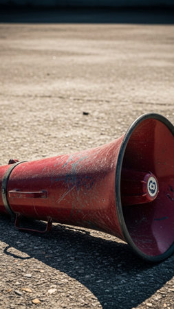 A vertical, tall composition showcasing an empty, old red megaphone resting on a dry, cracked concreの素材