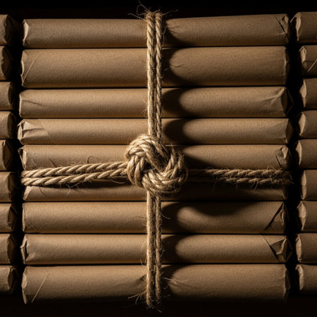 A square, tightly cropped image focusing on the central knot of thick, weathered twine securing a laの素材