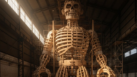 An environmental, cinematic wide shot (16:9) capturing the sheer scale of a giant Ninot structure duの素材