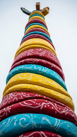 A striking vertical composition (9:16) capturing a detailed, wide-angle shot of a tall, colorful segの素材