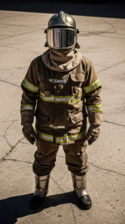 A vertical, full-body editorial photograph capturing the complete ensemble of safety and protectiveの素材
