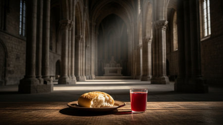 A cinematic environmental wide shot (16:9) capturing the solemnity of Holy Week. The focus is on theの素材