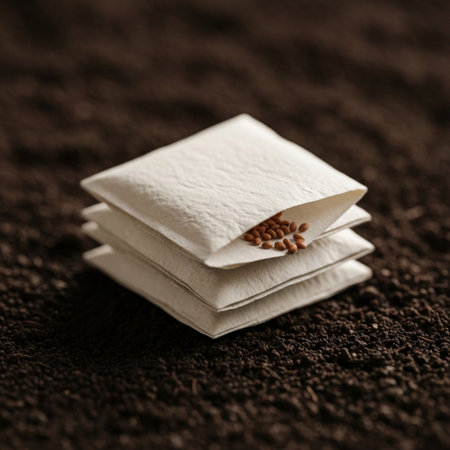 A focused, symmetrical close-up (1:1) of three miniature seed packets stacked vertically on rich, daの素材