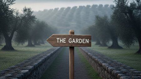 Panoramic ultrawide cinematic view of a rustic, weathered wooden signpost reading "The Garden" set aの素材