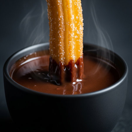 This close-up image captures the intimate detail of a single, golden-brown, crispy churro, dusted liの素材