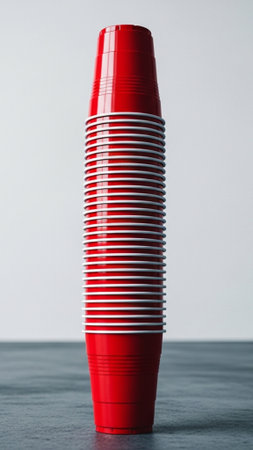 A striking vertical, tall (9:16) composition of a towering stack of twenty unused, vibrant red plastの素材