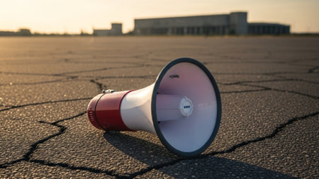 A cinematic, ultra-wide 16:9 environmental photograph capturing a generic red and white plastic megaの素材