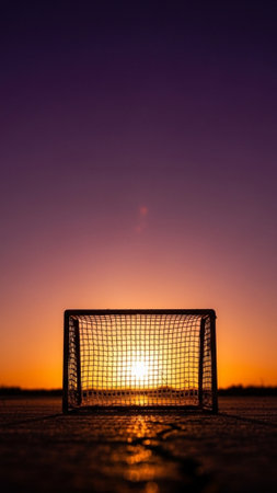 A tall vertical, cinematic photograph featuring the perfect silhouette of a miniature soccer goalposの素材