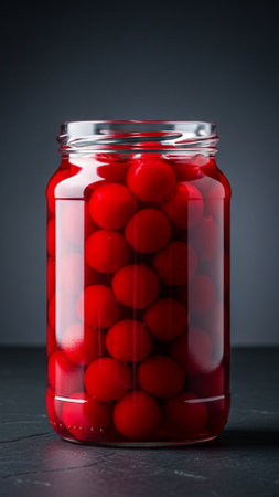 A striking vertical, full-frame editorial image of a tall glass jar filled with brilliant red marascの素材
