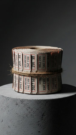 A striking vertical editorial image capturing a single, tightly rolled collection of faded, multi-coの素材