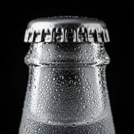A powerful, centered square shot focusing exclusively on the hero detail of an unopened glass bottleの素材