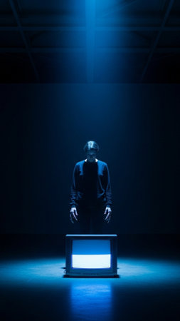 Full body vertical shot (9:16) capturing a solitary figure standing in a highly cinematic, dark inteの素材