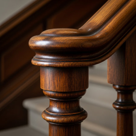 A hero detail shot featuring the intricate craftsmanship and aged patina of an antique wooden railinの素材