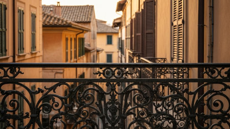 A cinematic environmental wide shot (16:9) capturing an elegant section of an antique wrought iron bの素材